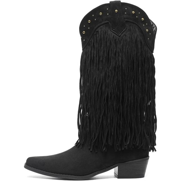 Amoji Women Brown suede midCalf Western Cowboy Pull On Pointed Toe Cowgirl Boot - Picture 2 of 8